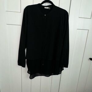 DKNY Black Button-Up Top with Sheer Layer Large